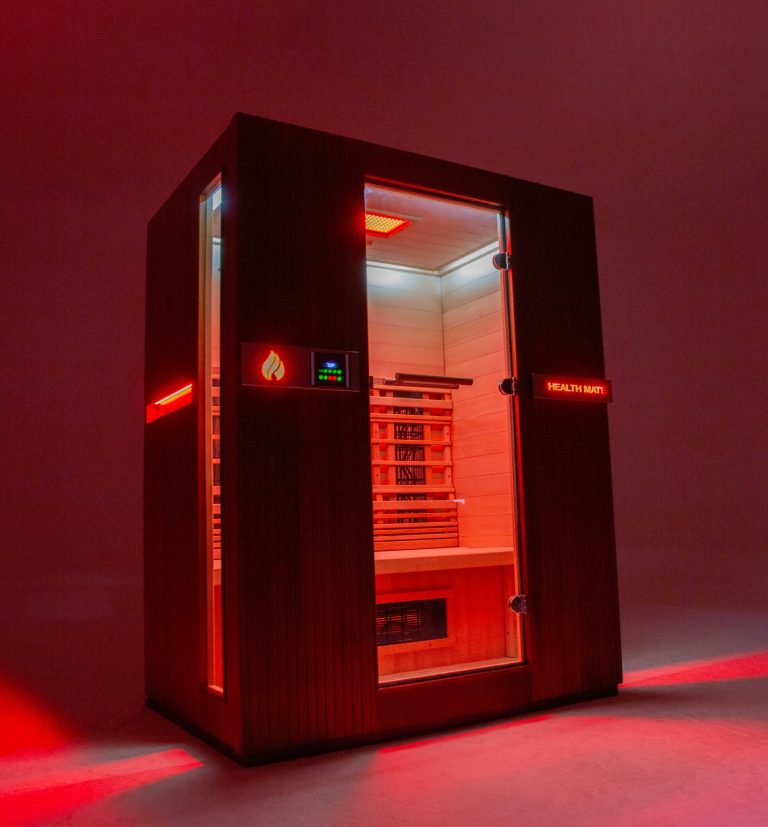 An infrared sauna in red light